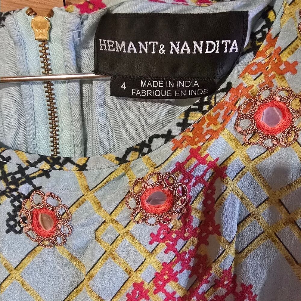 3359 Hemant & Nandita 100% Silk Boho Patchwork Mini Dress Lined Fit & Flare Sz 4 - Picture 4 of 9